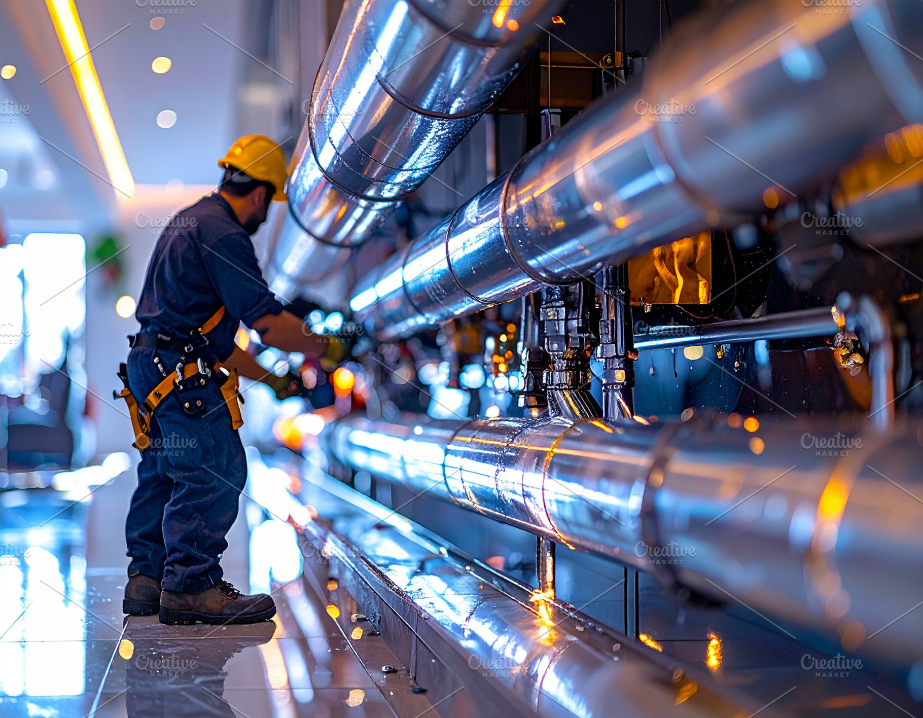 Worker installing a new set of stainless pipes under a modern ki, a Business Photo by DanFLCreativo