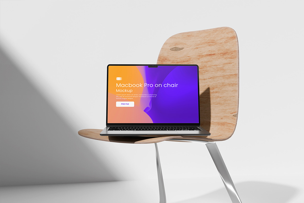 Macbook Pro on Chair Mockup, a Wearable Device Mockup by swsi-studio (Photo 3 of 5)