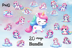 Cute Unicorn Clipart PNG 20 Bundle