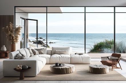 Modern living room with couch overlooking on ocean. Scandinavian, a Beauty & Fashion Photo by AlyaAnd