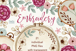 Watercolor embroidery clipart.