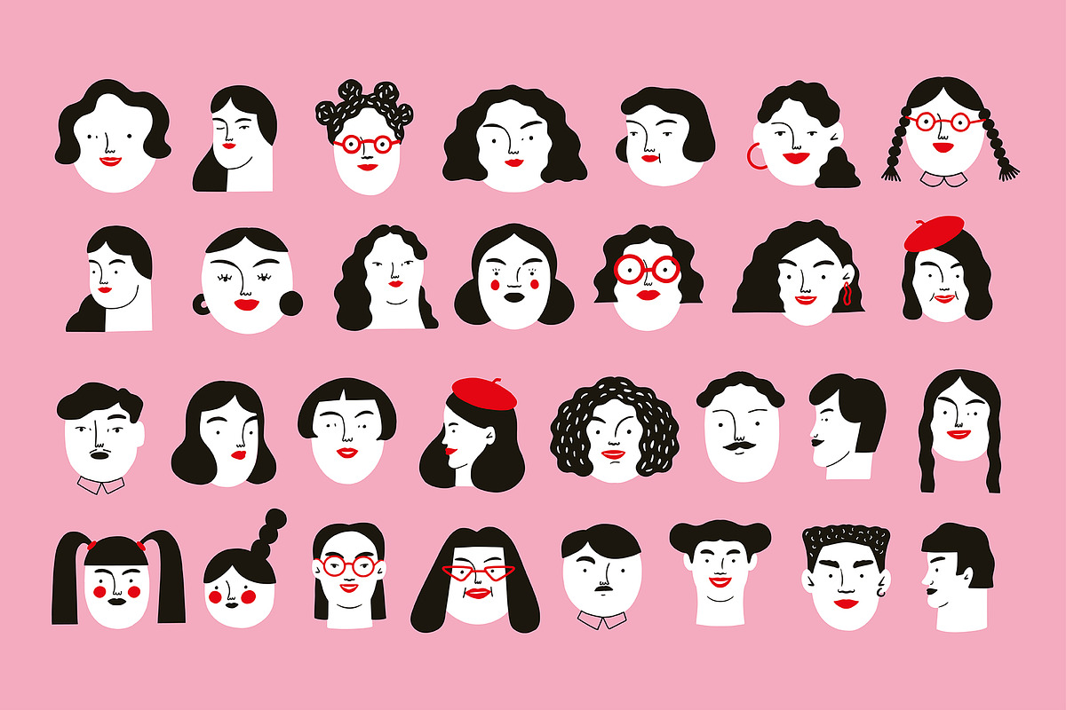 Pink Face Doodles Patterns and Clipart