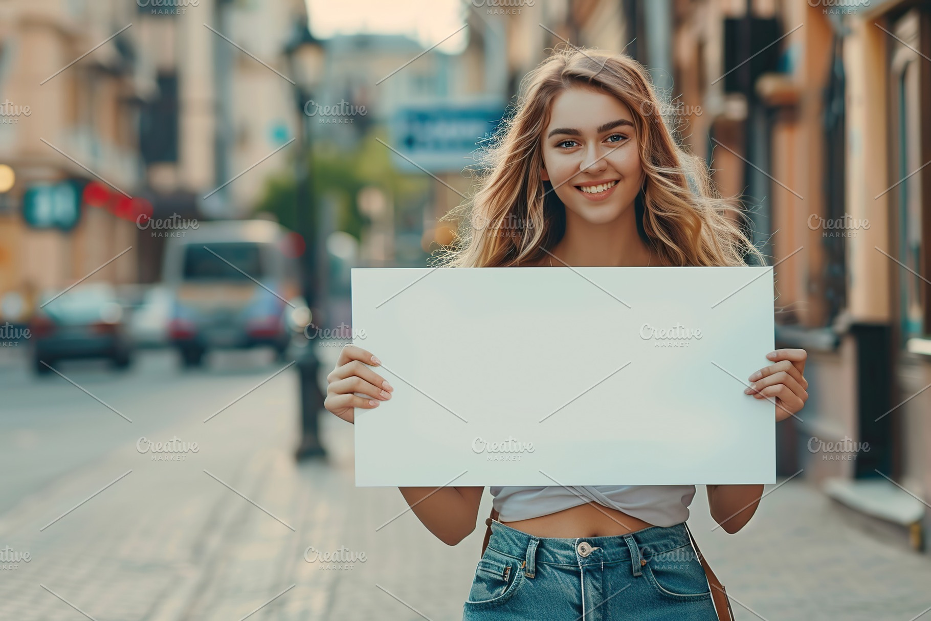 Portrait of attractive woman with white blank signboard standing on city street, a Background Photo by AlyaAnd