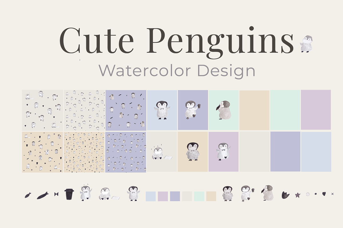 Cute Penguins Watercolor Collection, an Animal Illustration by ElicoelhoDesign Shop (Photo 4 of 5)