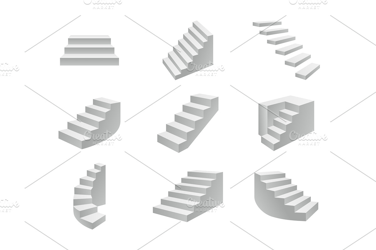 Set of 9 grey 3D isometric staircase, an Object Illustration by GraphiShop
