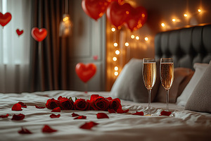 Modern bedroom with decorations for celebrating Valentine's Day, glasses of cha, a Photo by AlyaAnd