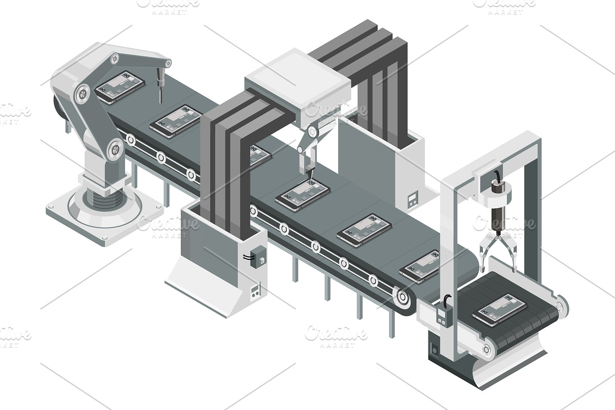 Isometric automated assembly line, a Technology Illustration by Yayasya (Photo 1 of 3)