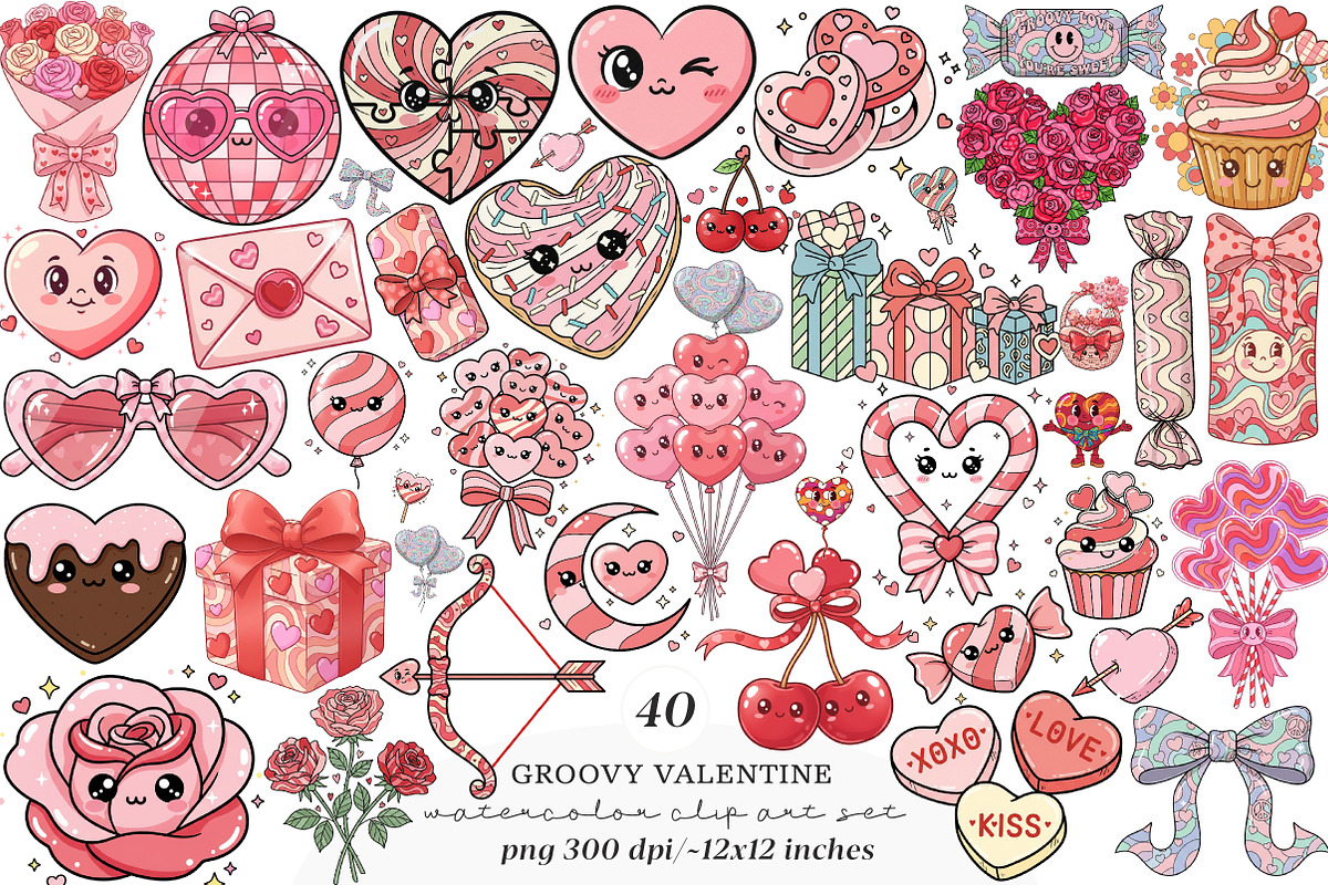 Groovy Valentine Clipart Bundle, an Illustration by SinaCreation (Photo 1 of 11)