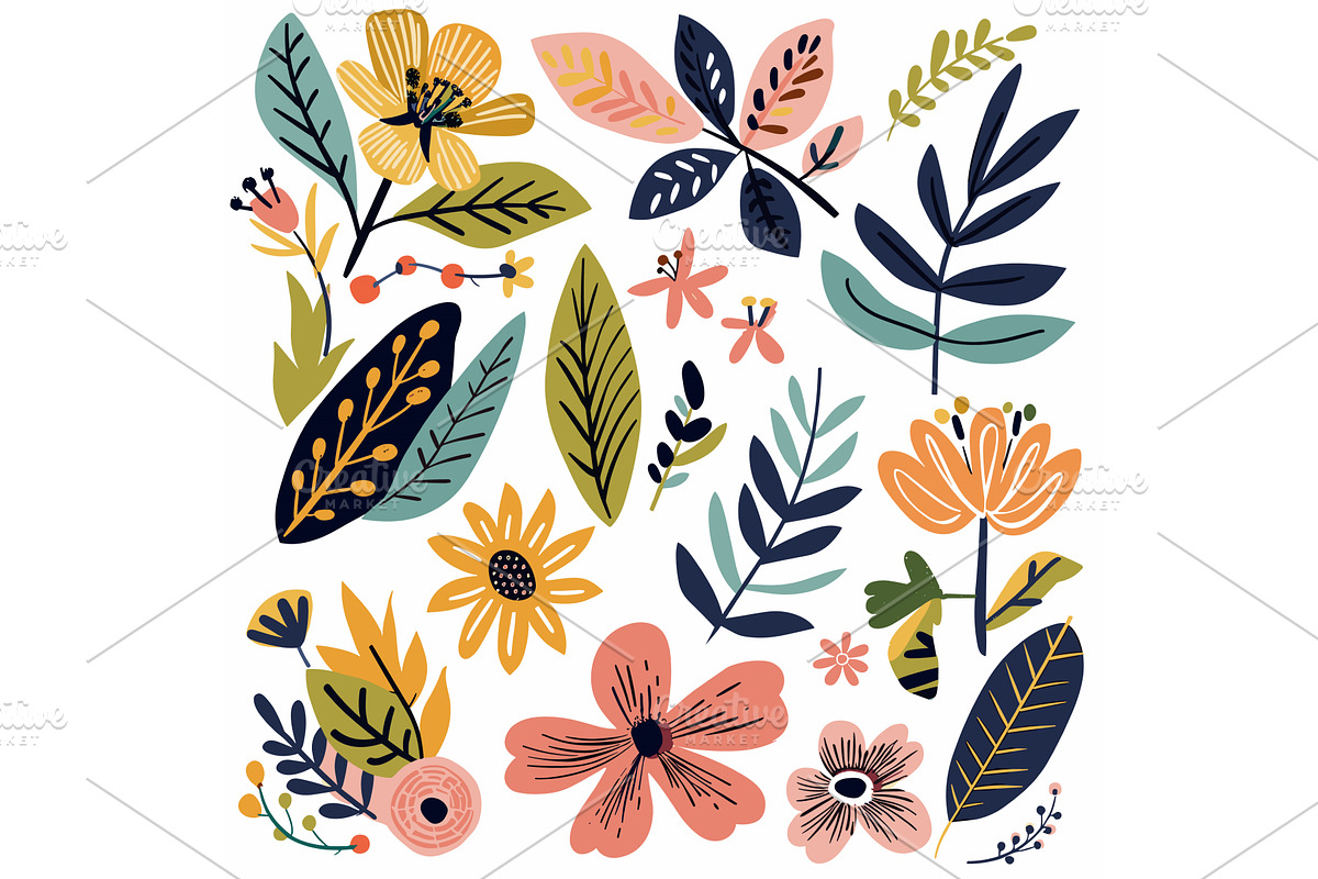 Collection colorful floral elements, an Illustration by Vectorstockersland