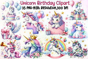 Unicorn Birthday Sublimation Clipart, an Illustration by Sublimation Artist