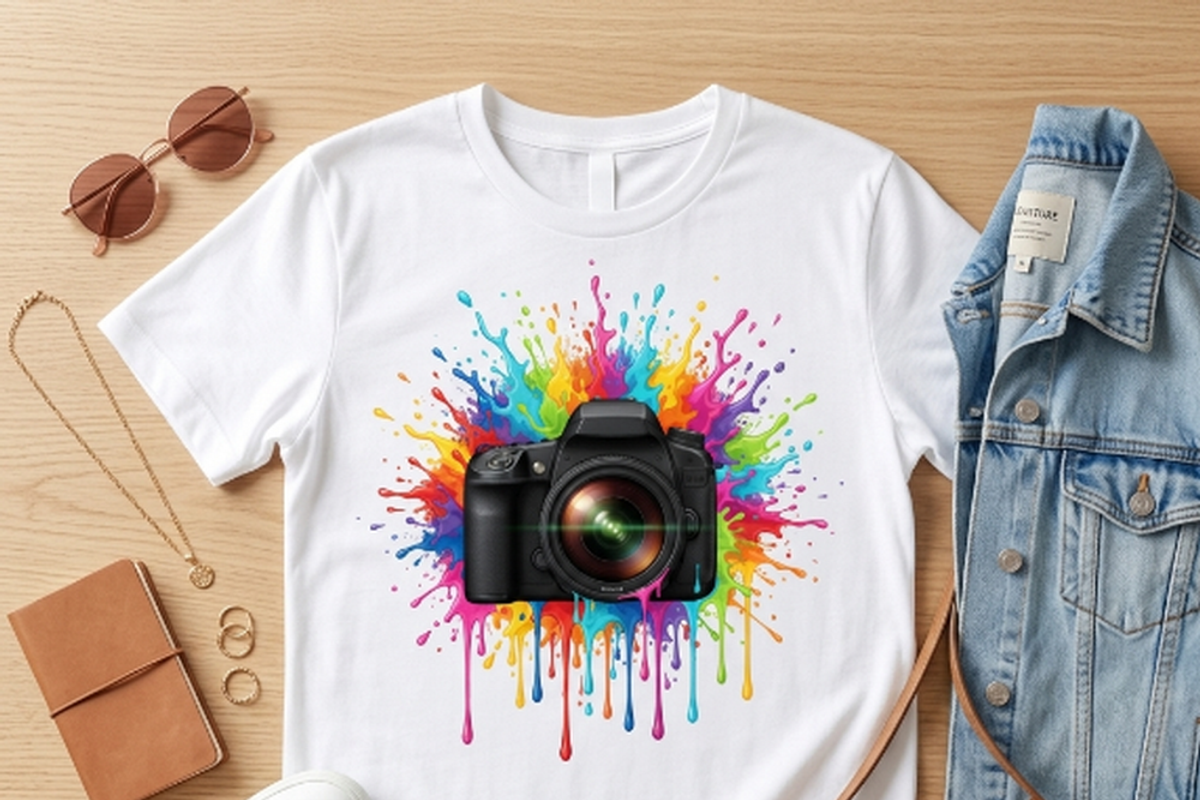Rainbow Camera Paint Splash, a Shirt Mockup by Vector Stall (Photo 2 of 14)