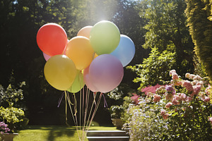 Colorful balloons floating in a lush garden during a summer cele, a Photo by Studio ANNA