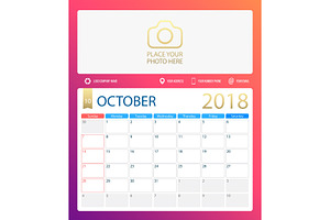 OCTOBER 2018, Illustration Vector Calendar Or Desk Planner, Weeks Start On Sunday