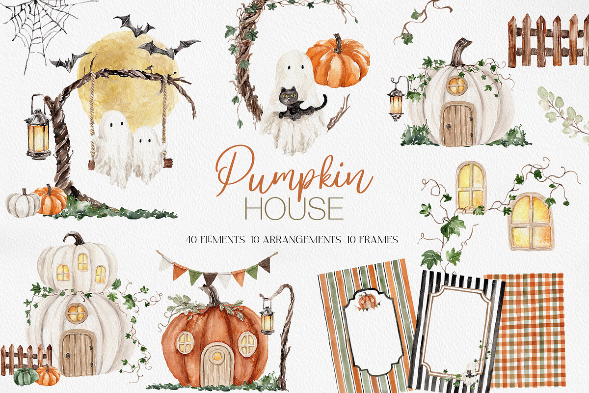 Pumpkin House Watercolor Clipart, a Decorative Illustration by Beigetime (Photo 1 of 13)
