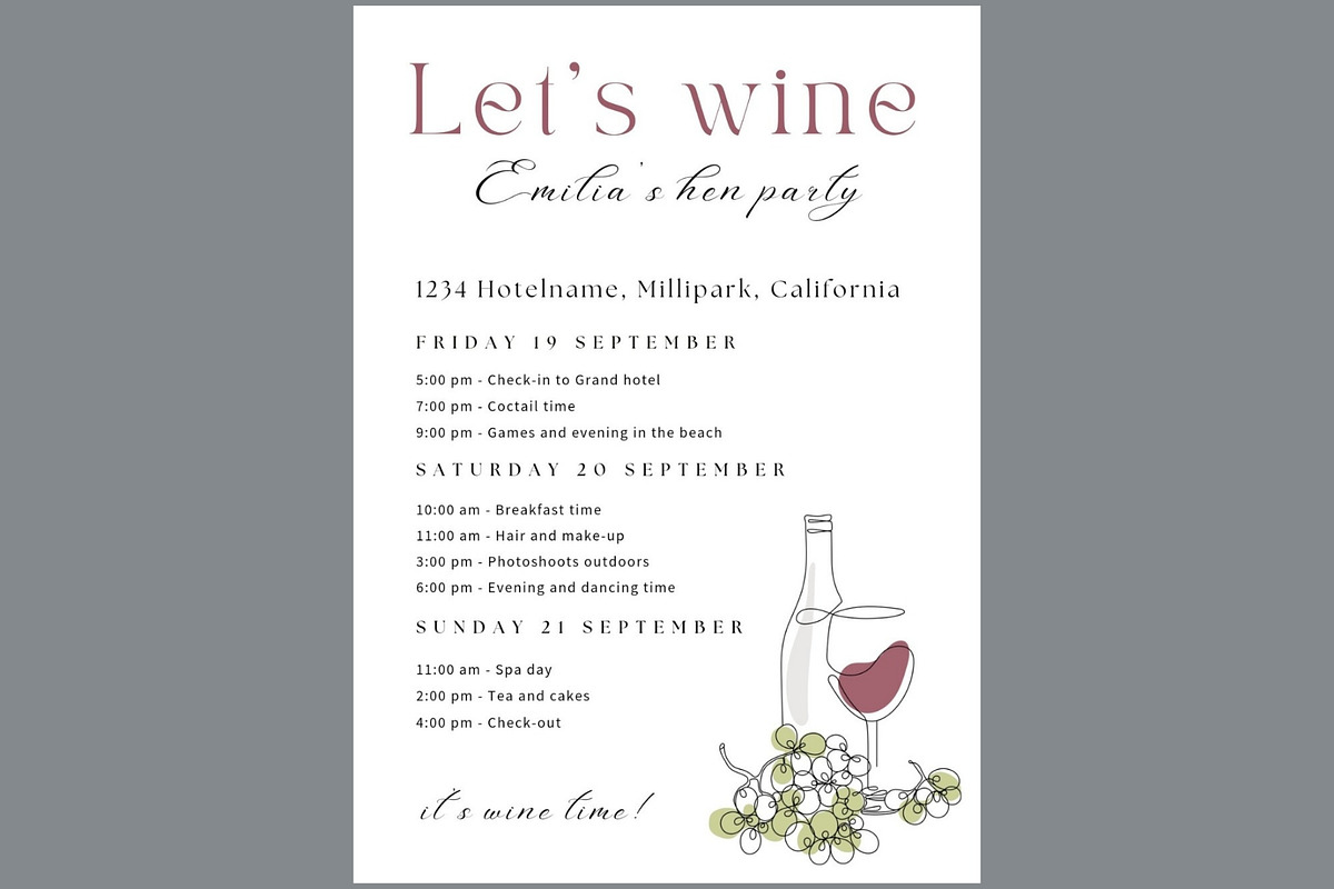 Lets wine Bachelorette schedule plan, an Invitation Template by EvaTemplates (Photo 4 of 4)