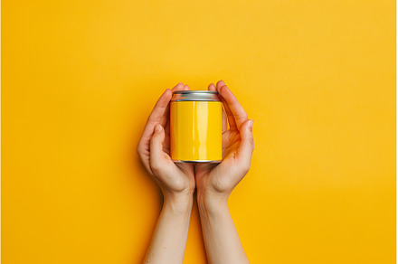 Hands holding yellow mug on orange, a Background Photo by Ylivdesign