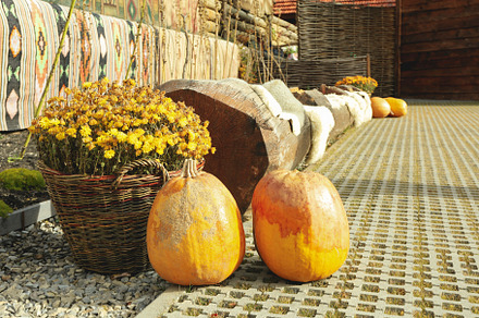 Halloween decorations outdoor in mountain resort in sunny day, a Holiday Photo by AtlasStudio