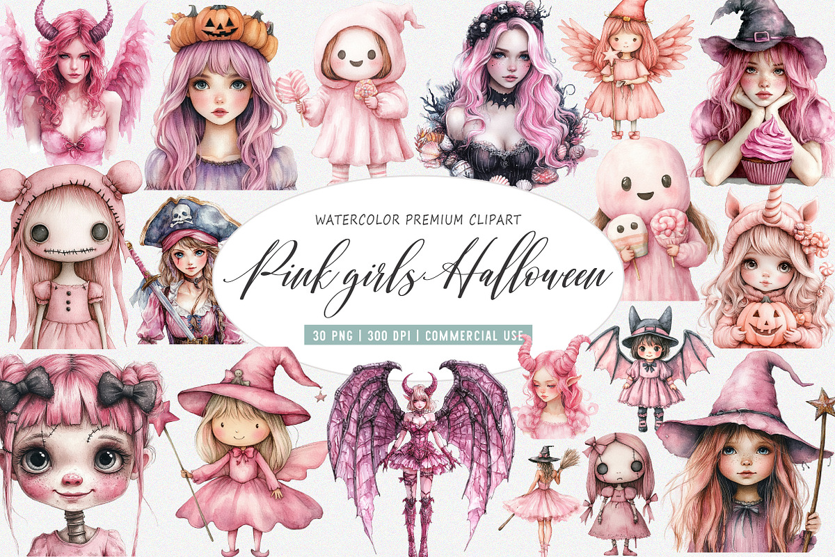 Pink girls Halloween Clipart, an Illustration by SinaCreation (Photo 1 of 5)