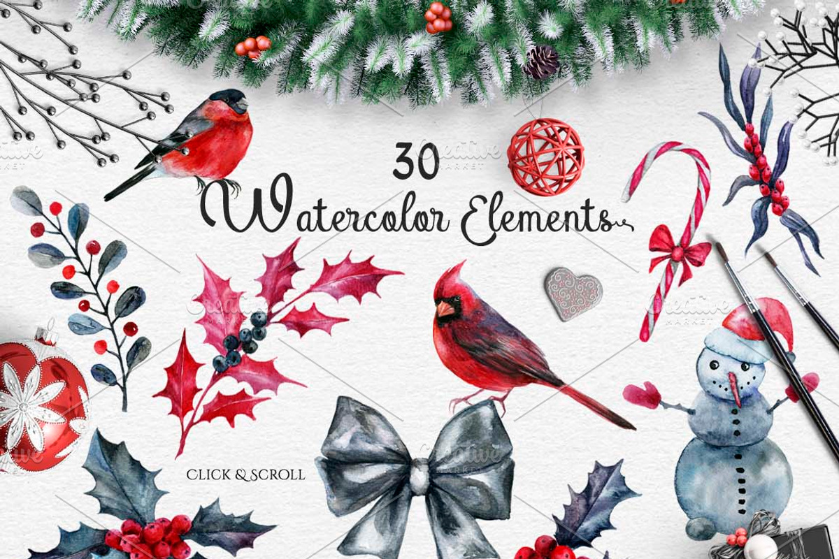 Watercolor Red & Black Christmas Set, an Illustration by Fluffy Unicorn (Photo 2 of 6)