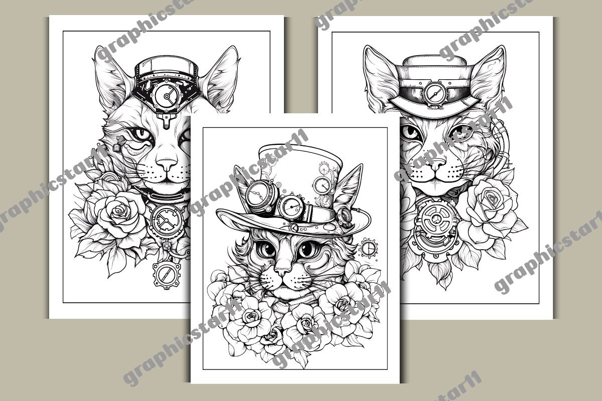 Steampunk Cat Coloring Pages, an Object Graphic by protabsorkar11