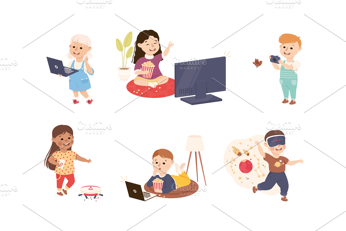 Cute Boy and Girl Using Gadget and, a Person Illustration by TopVectors