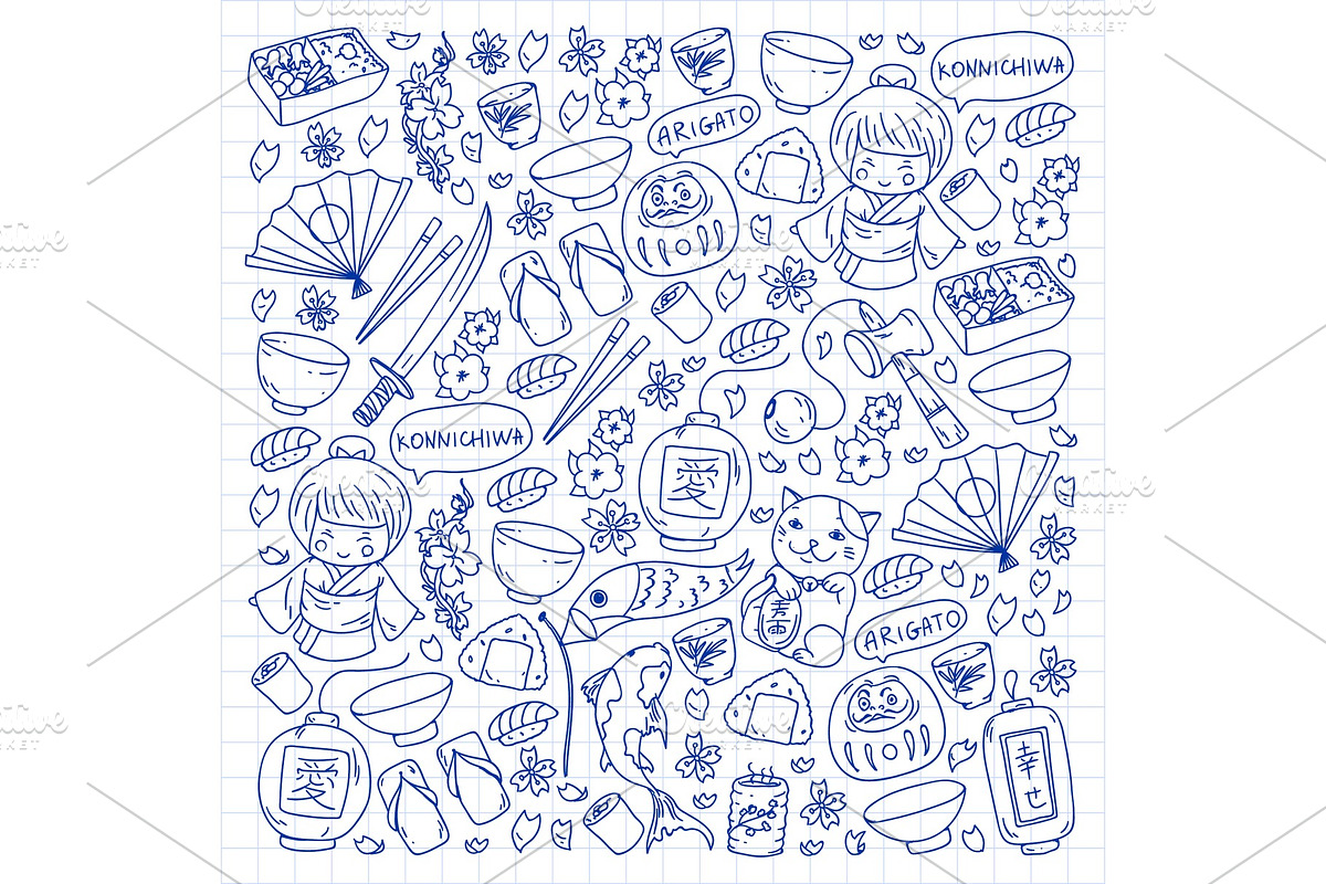 Japan. Vector pattern with japanese, a Food Illustration by Doodle