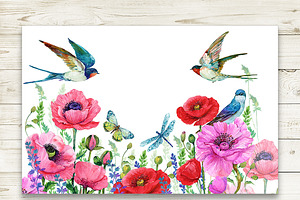 Red Poppies, Flowers Clipart, Bird,