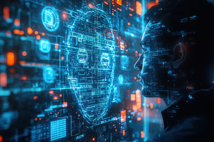 Man views holographic display of dig, a Background Photo by Pixeness