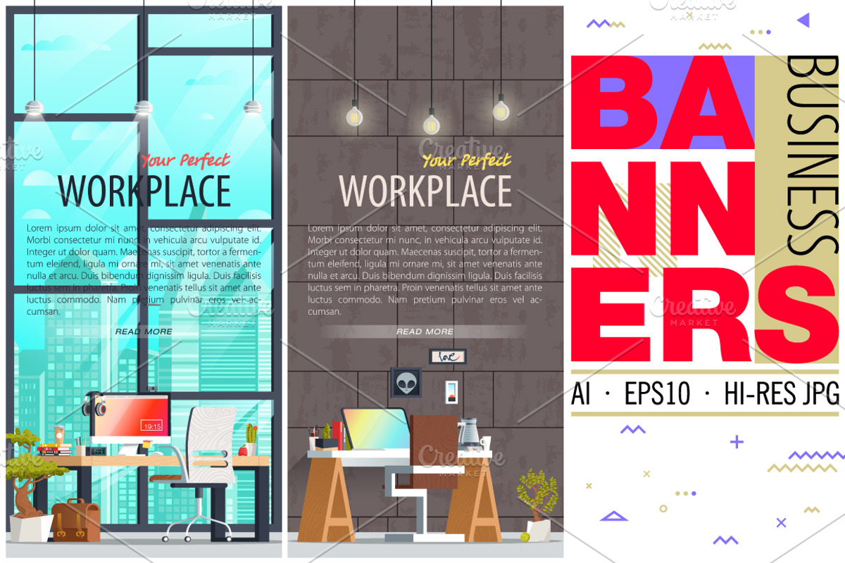 Office Workplace Banners, a Decorative Illustration by karnofff (Photo 1 of 2)