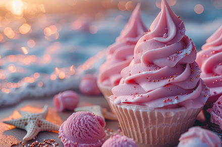 Summer Vibes: Delicious Pink Ice Cream Cupcakes on a Beach at Sunset, a Photo by AS photostudio