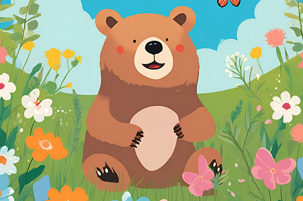 Cartoon bear playing with flowers, an Animal Photo by ComfortQ