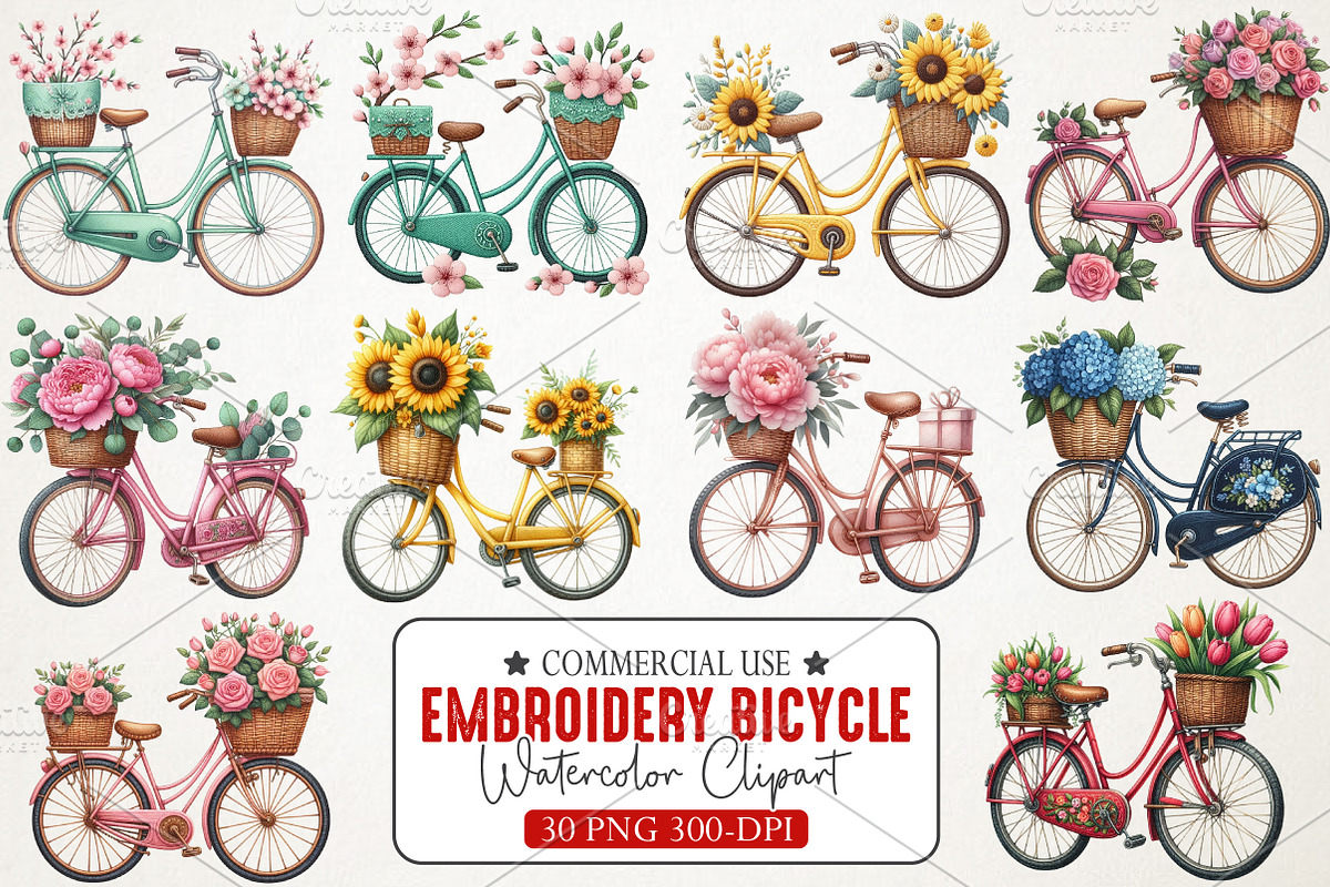 Embroidery Bicycle Clipart Bundle, an Illustration by RobertsArt (Photo 1 of 7)