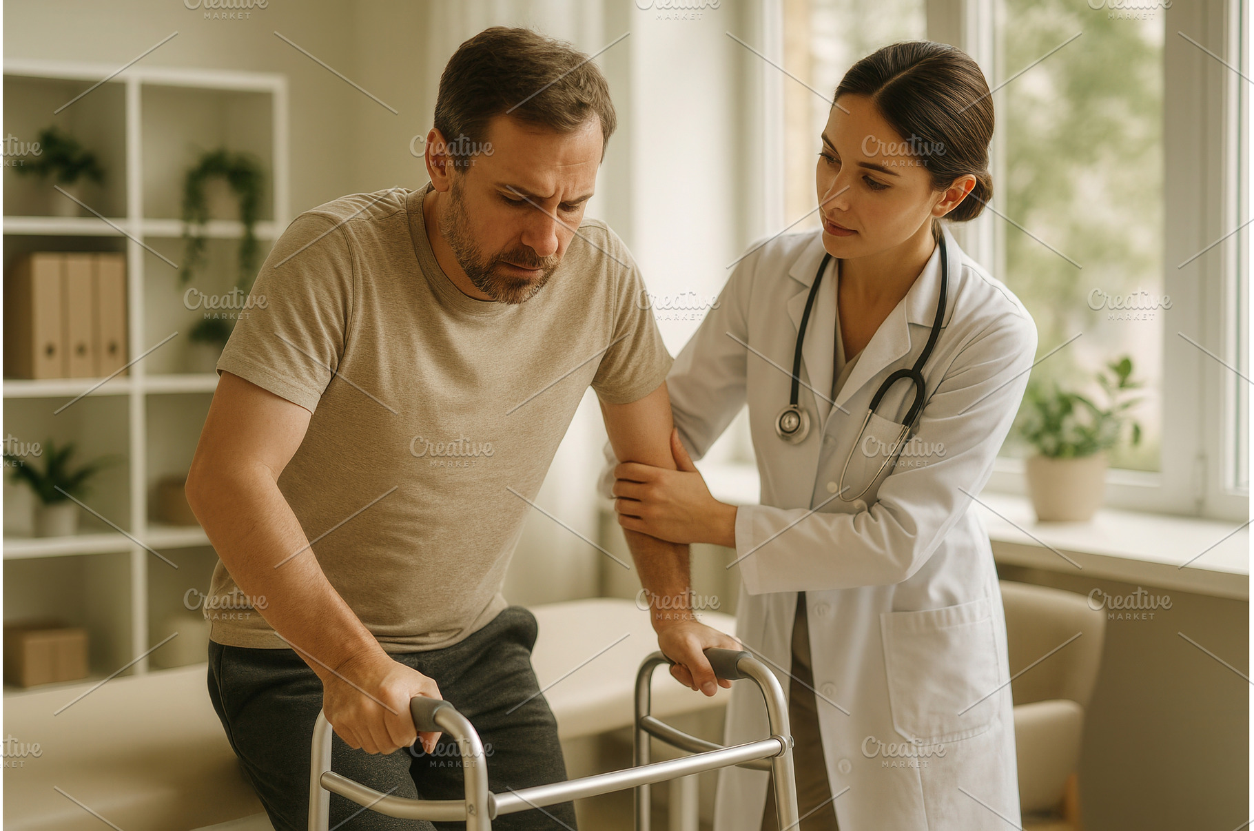 Female doctor assisting a man with a, a Health & Medical Photo by Sergey Kotenev