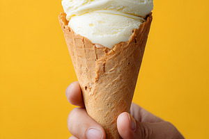 Hand holding vanilla ice cream cone, a Food & Drink Photo by MistyDay