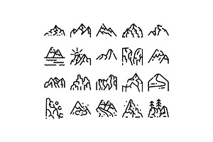 Mountain peaks line icons set, an Object Graphic by pikepicture