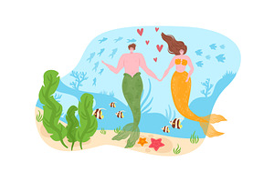 Male and female mermaids holding