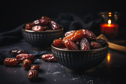 Dates fruits in a bowl on a black ba, a Photo by Iftikhar Alam