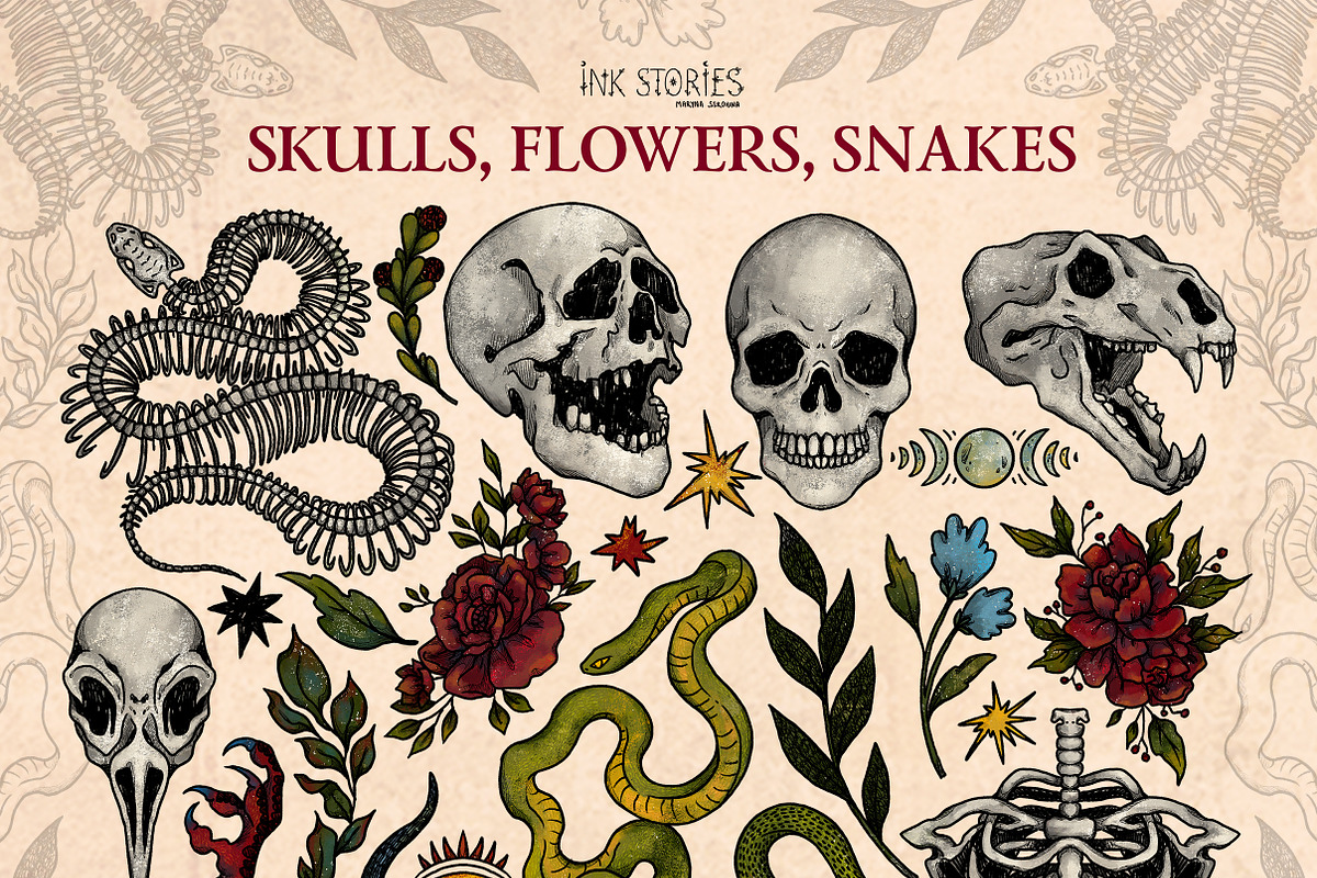 Skulls, Flowers and Snakes | Vintage, a Decorative Illustration by Ink Stories (Photo 2 of 12)