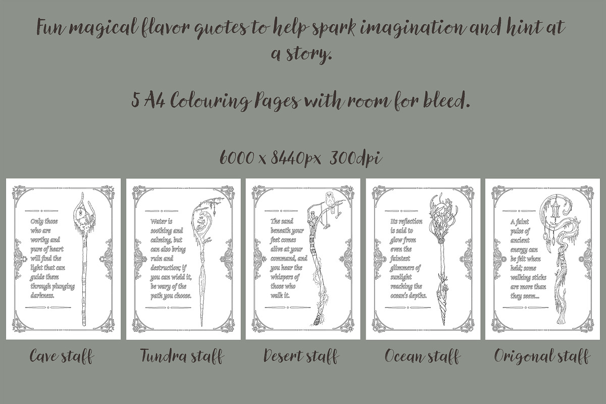 5 Fantasy Staff Colouring Pages NOAI, a Decorative Illustration by Forest Lily (Photo 2 of 5)