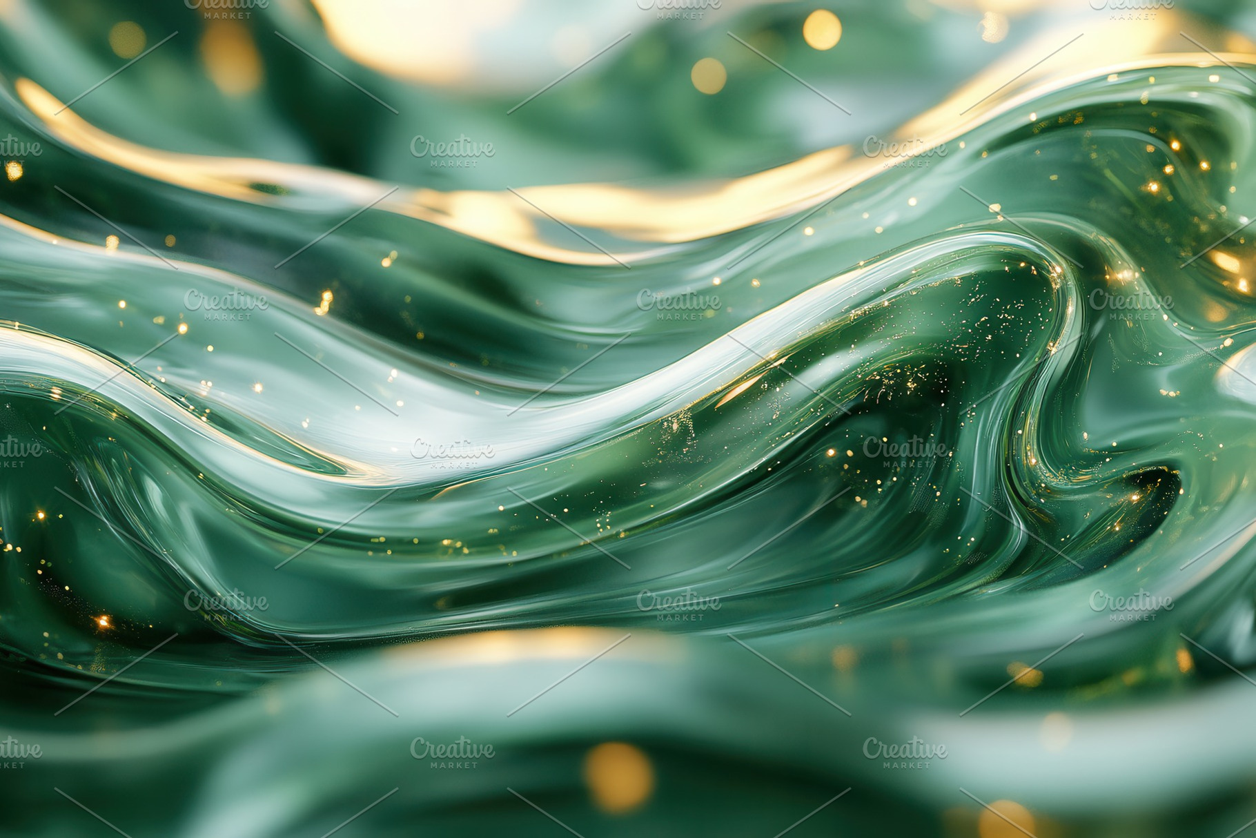 Flowing green waves with sparkling a, a Photo by Tanuart