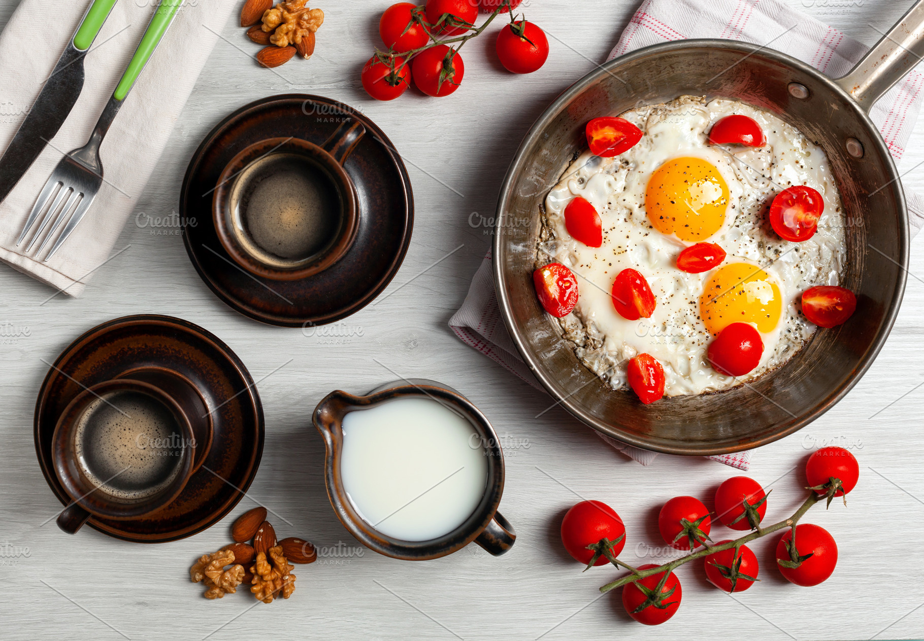 Delicious Breakfast with Fried Eggs, Cherry Tomatoes and Coffee, a Food & Drink Photo by Antonio Gravante Market