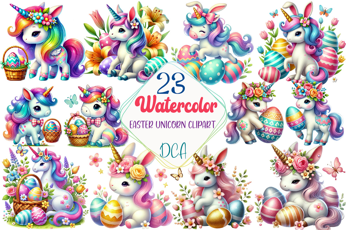 Watercolor Easter Unicorn Clipart, an Illustration by DreamCafeArt (Photo 1 of 3)