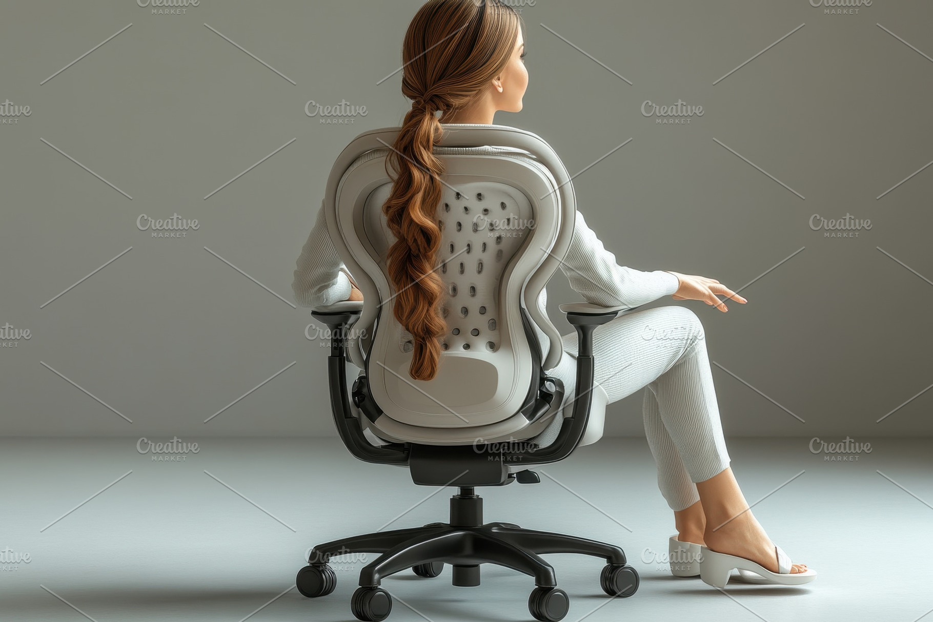 Woman sitting elegantly in a modern, a Photo by Tanuart