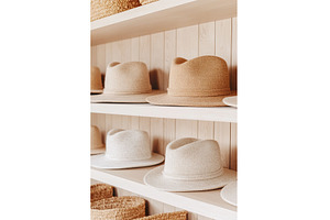 Stylish straw hats on wooden shelves, a Beauty & Fashion Photo by Lermont51