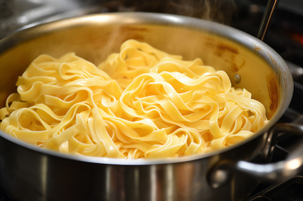 Pot with freshly cooked steaming pasta, a Food & Drink Photo by Natalia Klenova's Shop