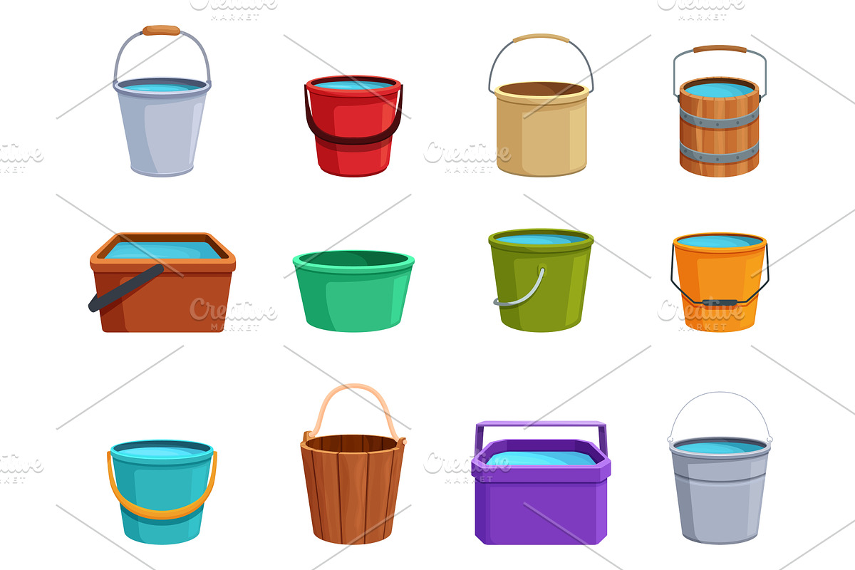 Cartoon buckets. Plastic wooden, an Illustration by Valerie Bodnar