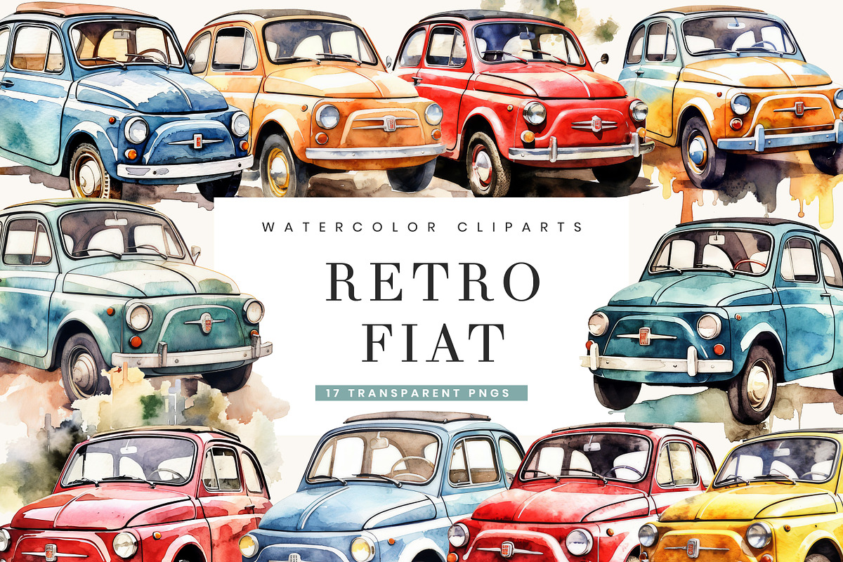 Watercolor Retro Fiat 500 Clipart, an Object Illustration by BusyDaydesign (Photo 1 of 7)
