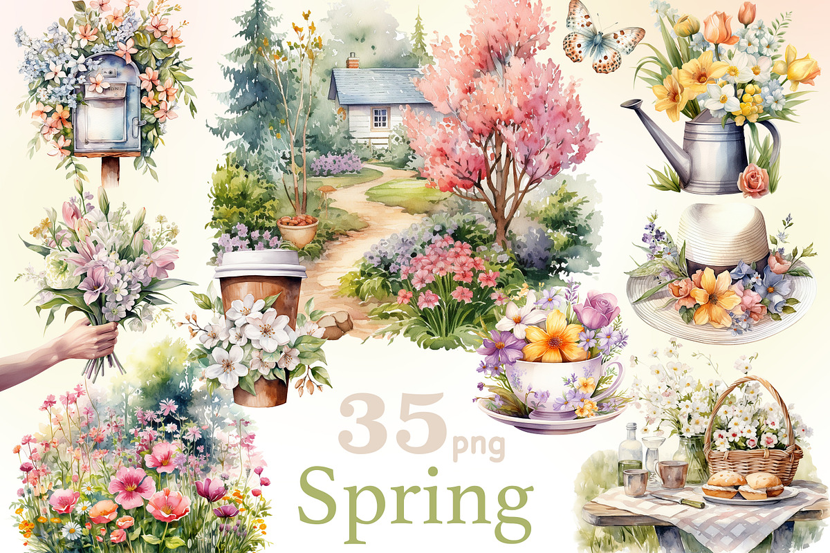 Spring Watercolor Clipart Bundle PNG, a Seasonal Illustration by GlamArtZhanna (Photo 1 of 6)