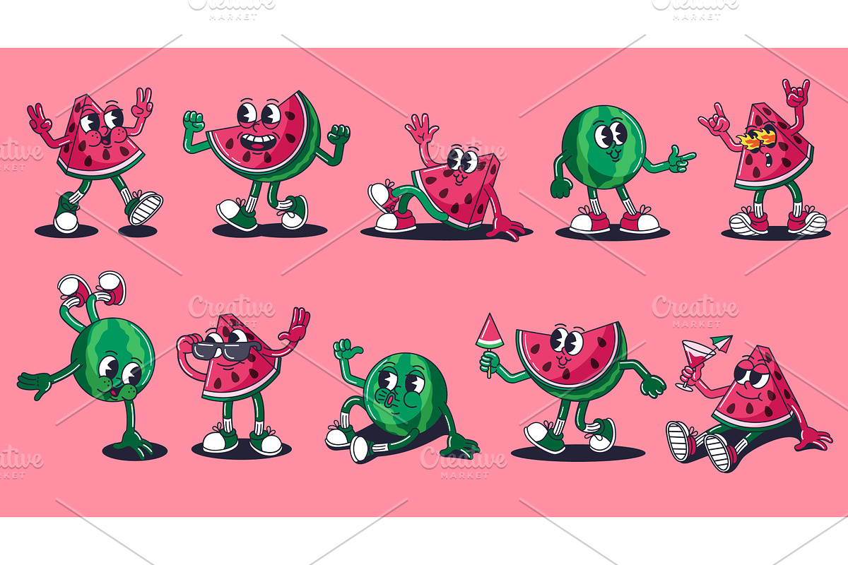 Retro cartoon watermelon characters, a Food Illustration by winwin.art