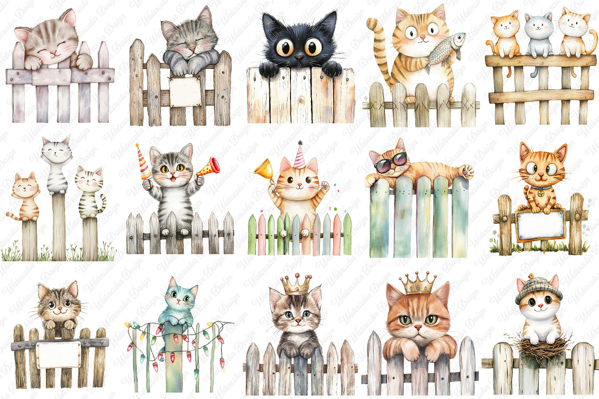 Watercolor Funny Cats on Fence PNG, an Illustration by Watercolor design (Photo 2 of 12)